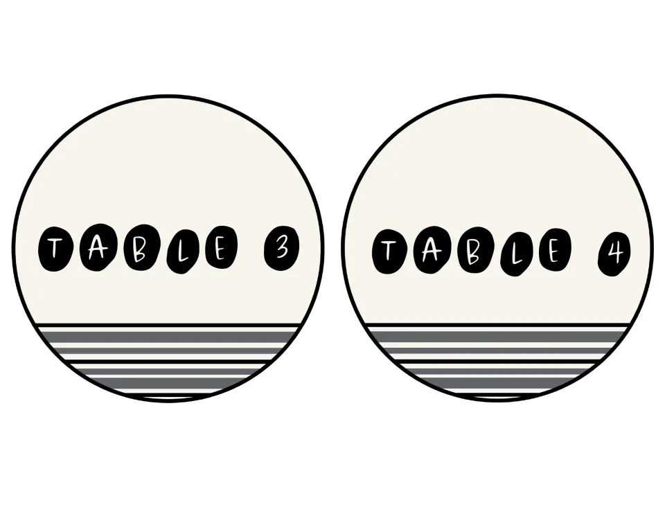 Round signs for Table 3 and Table 4 in the same cream and black farmhouse style, each number on its own black pebble