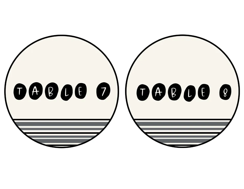 Circle signs reading Table 7 and Table 8, matching the cream, black and gray farmhouse design of the rectangular cards