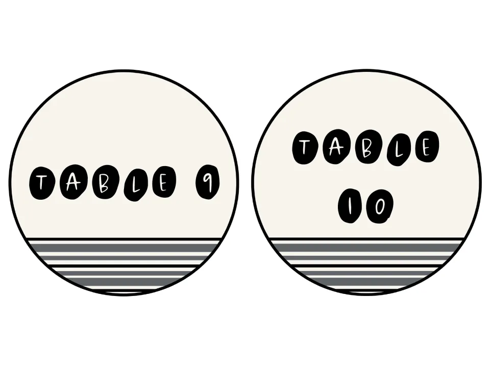 Circle signs for Table 9 and Table 10; on the Table 10 sign the two-digit number sits beneath the word TABLE