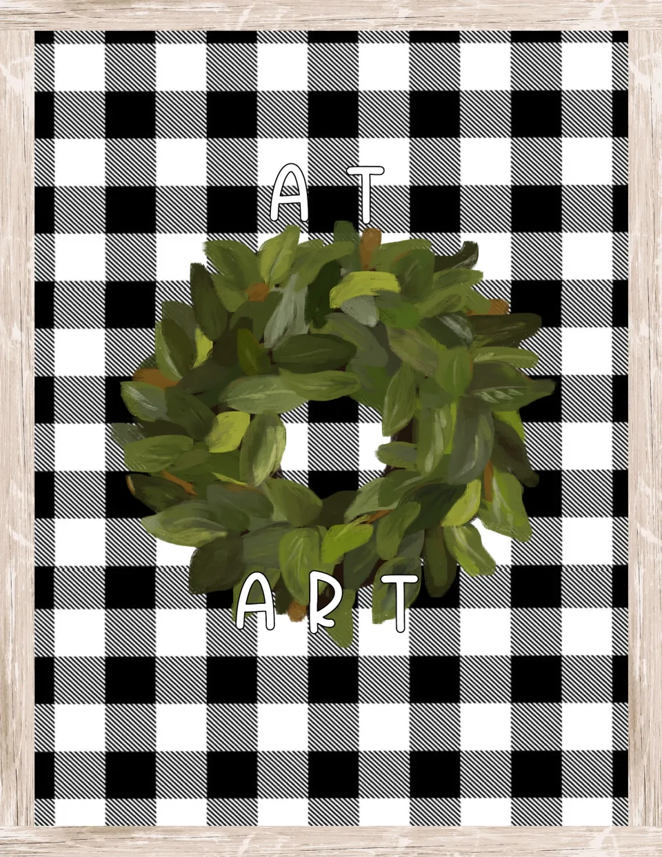 At Art door sign: the words At and Art in white outlined letters over a leafy green wreath on black-and-white buffalo check