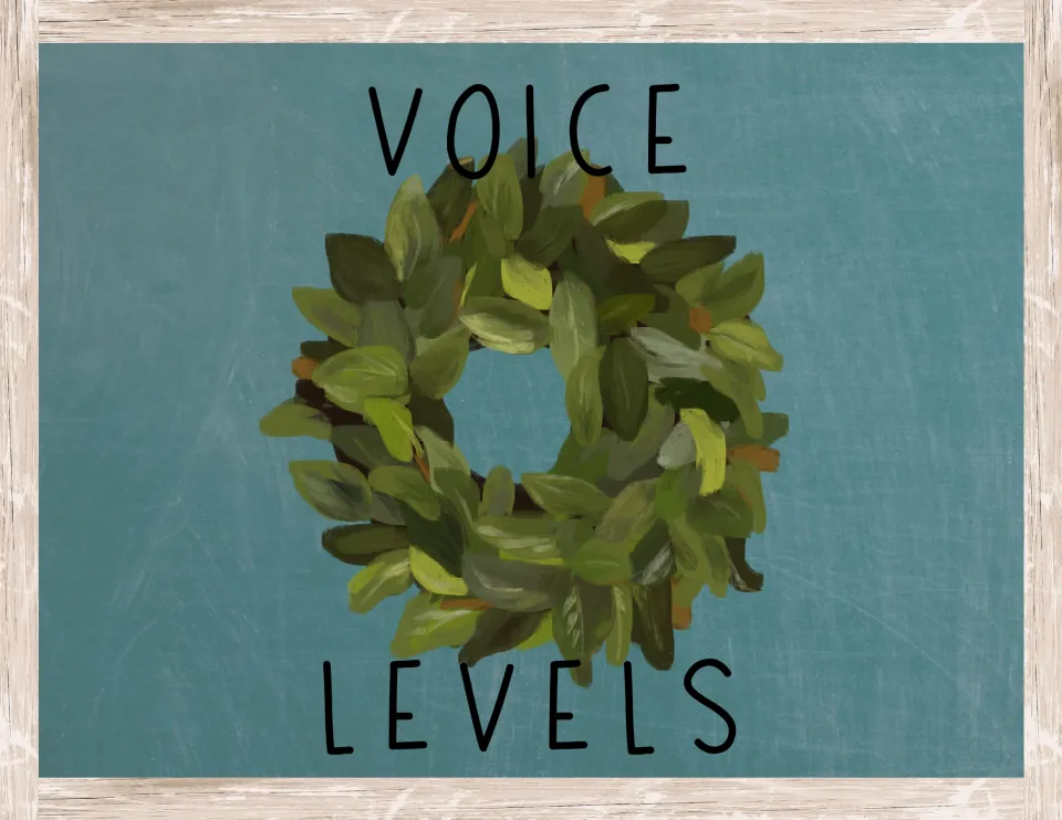 Voice levels header poster in black lettering around a green leafy wreath on a teal chalkboard backdrop