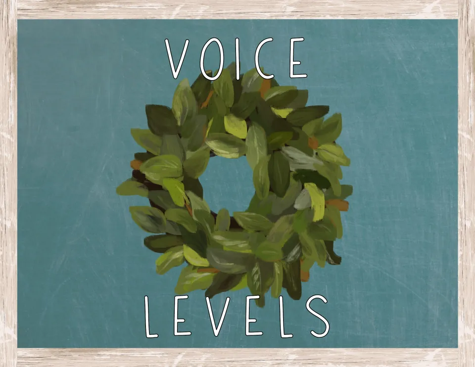 Voice levels heading sign in outlined white letters over a green leaf wreath, set on teal chalkboard