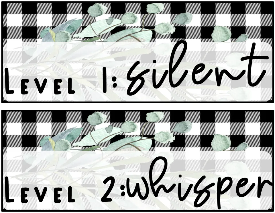 Voice level strips on black and white buffalo check with eucalyptus: Level 1: silent and Level 2: whisper