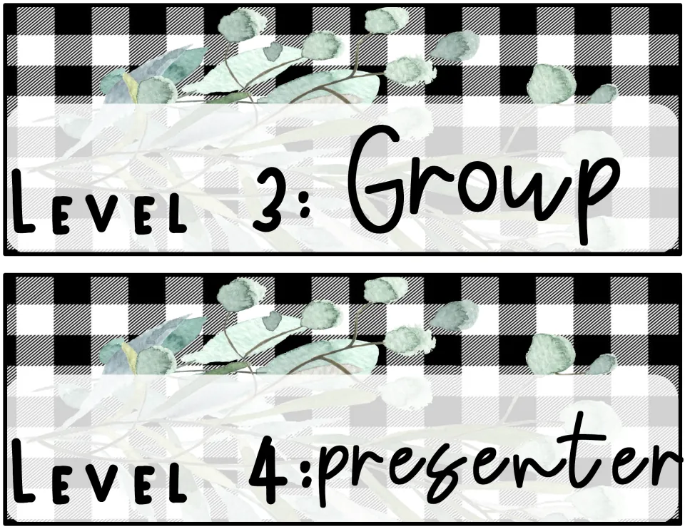 Voice level strips on black and white buffalo check with eucalyptus sprigs: Level 3: Group and Level 4: presenter