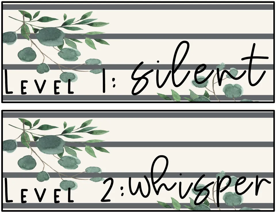 Voice level strips on cream and gray farmhouse stripes with eucalyptus branches: Level 1: silent and Level 2: whisper