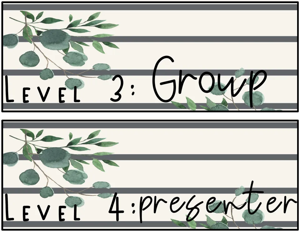 Voice level strips on cream and gray farmhouse stripes with eucalyptus: Level 3: Group and Level 4: presenter