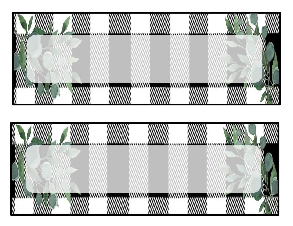 Buffalo check name cards: two black-and-white plaid desk plates with eucalyptus sprigs and a blank label for typing names