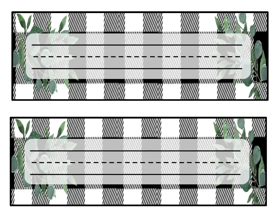 Buffalo check name cards with handwriting guides: two plaid desk plates with eucalyptus where students write their names