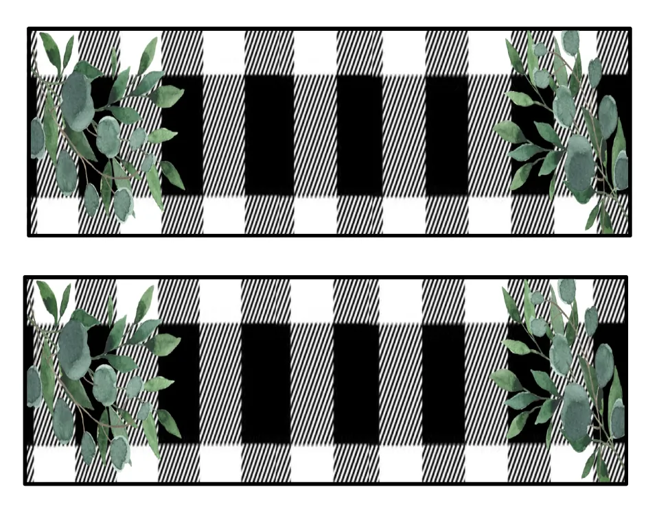 Buffalo check name cards without a label area: two black-and-white plaid plates with bold eucalyptus sprays at each end