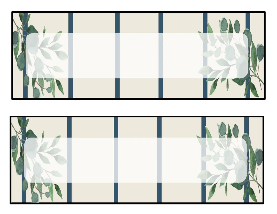 Cream and navy stripe name cards: two desk plates with eucalyptus sprigs and a clear label area for typing student names