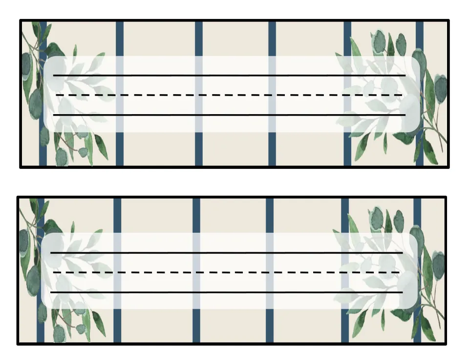 Cream and navy stripe name cards with dashed-midline handwriting guides so students can print their own names