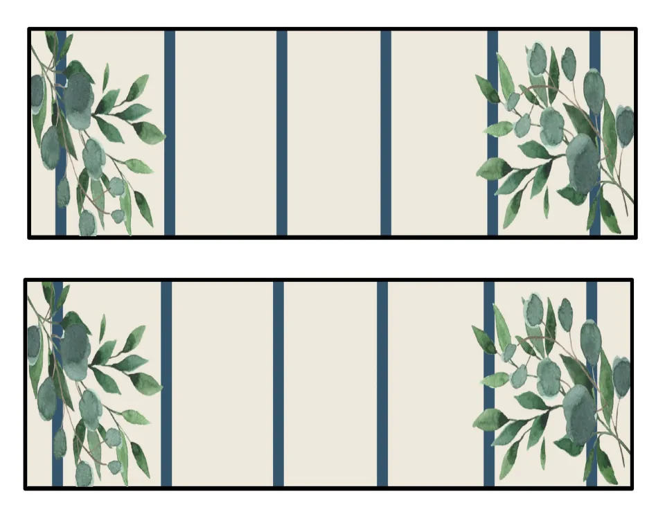 Cream and navy stripe name cards without a label, showing two plates with full eucalyptus sprays at both ends