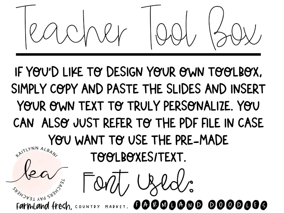 Teacher Tool Box title page explaining how to copy slides and type your own labels, or use the pre-made PDF labels