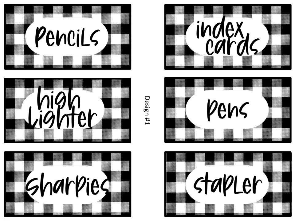 Buffalo check supply labels, design 1: pencils, index cards, highlighter, pens, Sharpies and stapler
