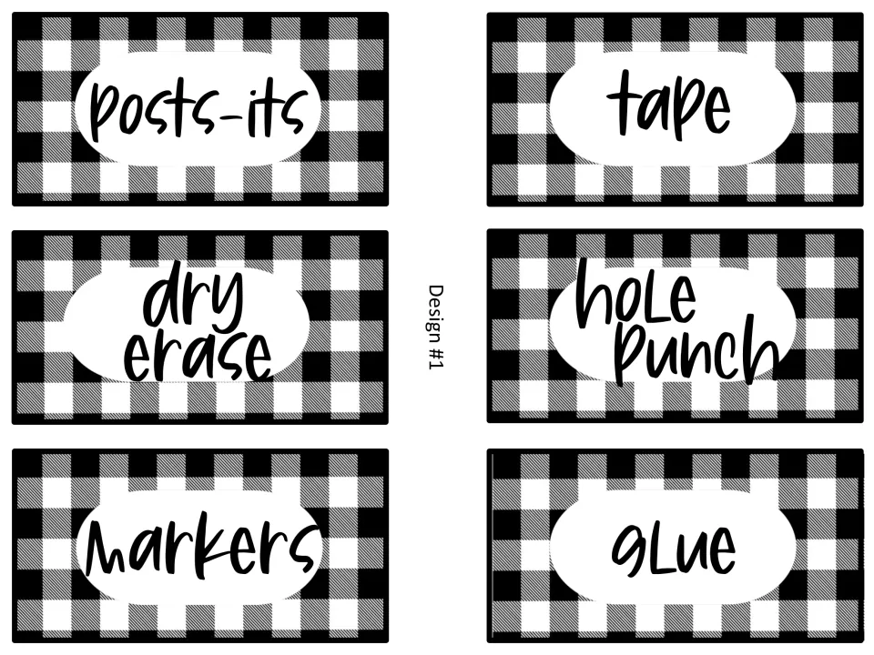 Buffalo check supply labels, design 1: post-its, tape, dry erase, hole punch, markers and glue