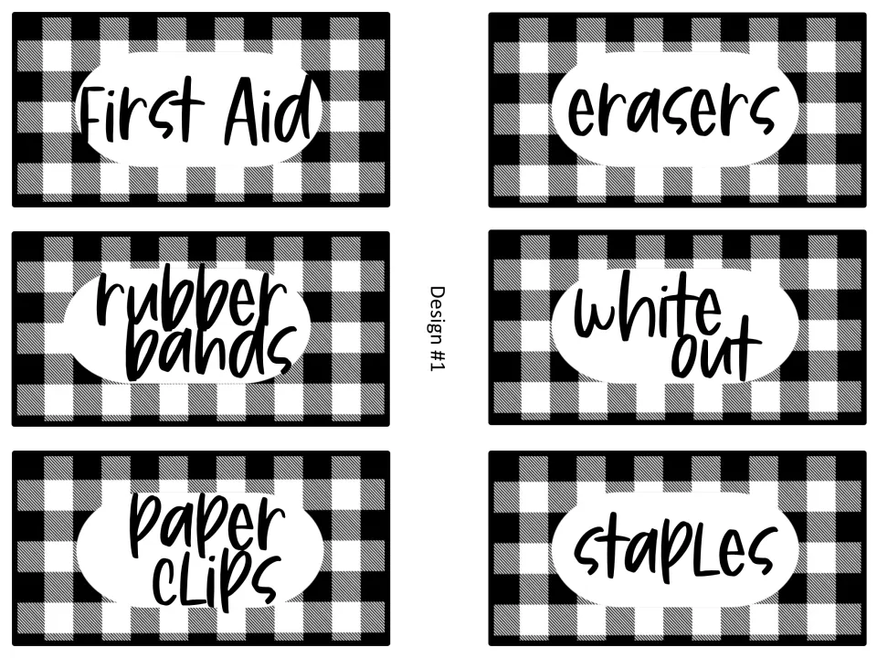 Buffalo check supply labels, design 1: first aid, erasers, rubber bands, white out, paper clips and staples