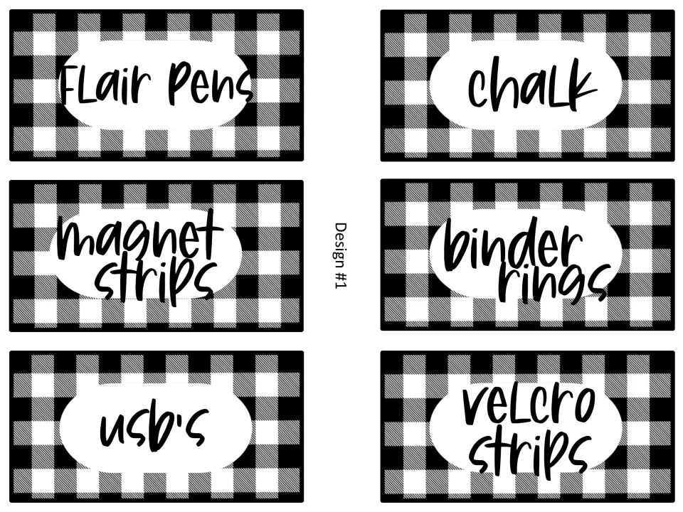 Buffalo check supply labels, design 1: Flair pens, chalk, magnet strips, binder rings, USBs and velcro strips