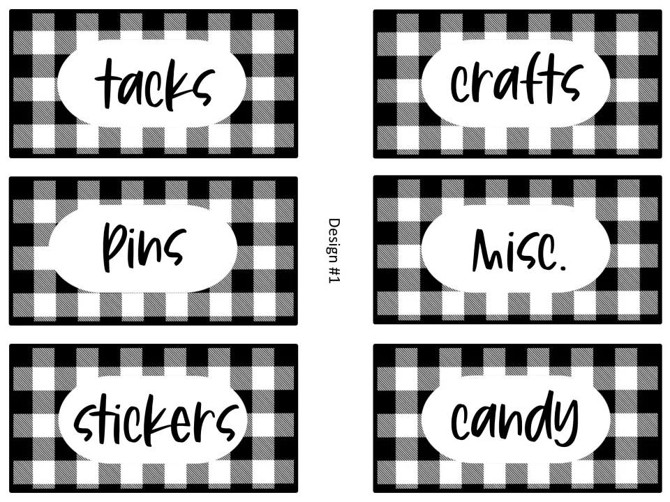 Buffalo check supply labels, design 1: tacks, crafts, pins, misc., stickers and candy