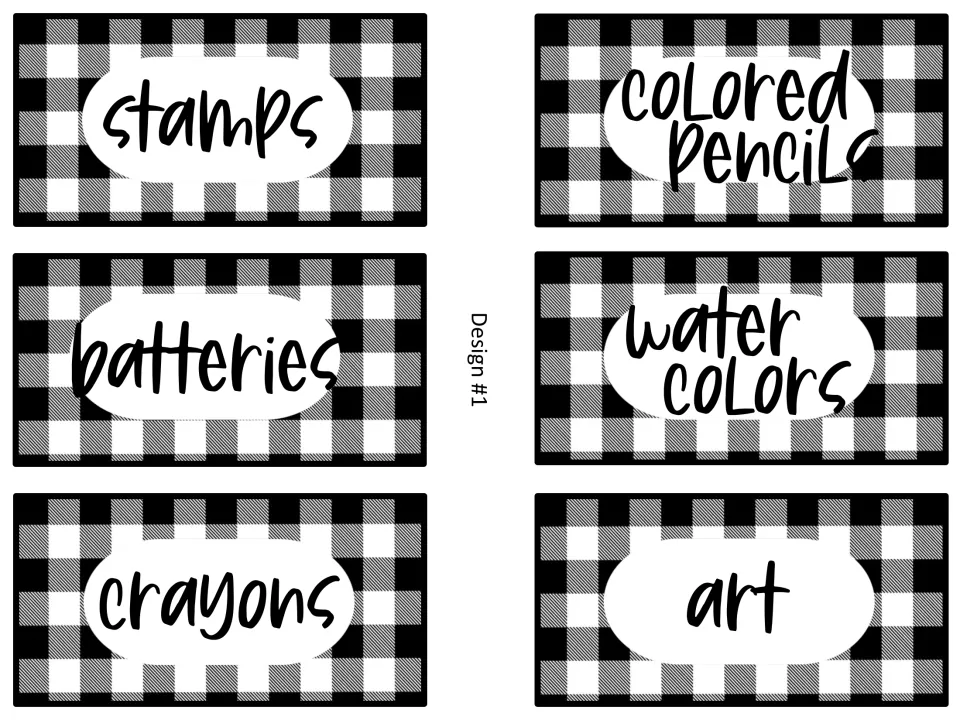 Buffalo check supply labels, design 1: stamps, colored pencils, batteries, watercolors, crayons and art