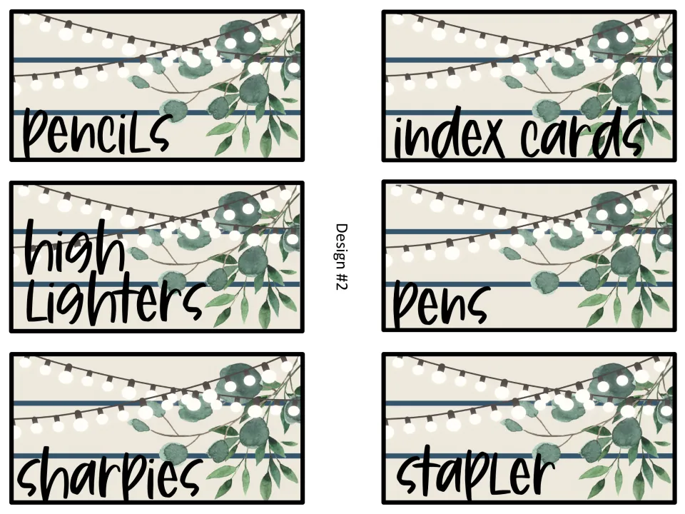 Eucalyptus and string-light supply labels, design 2: pencils, index cards, highlighters, pens, Sharpies and stapler