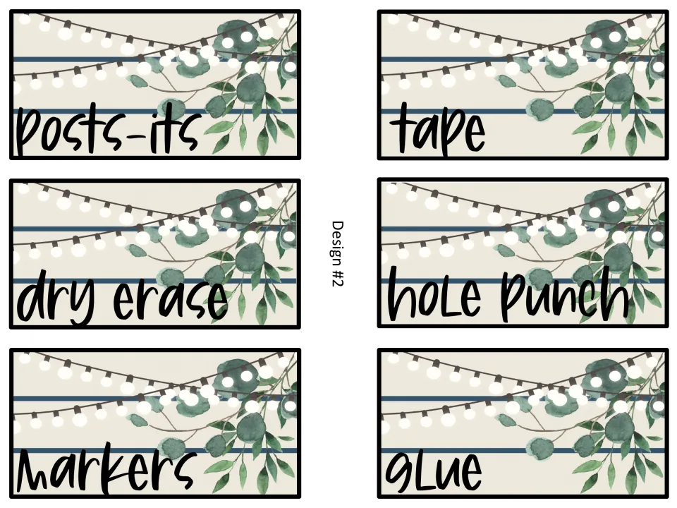 Eucalyptus and string-light supply labels, design 2: post-its, tape, dry erase, hole punch, markers and glue