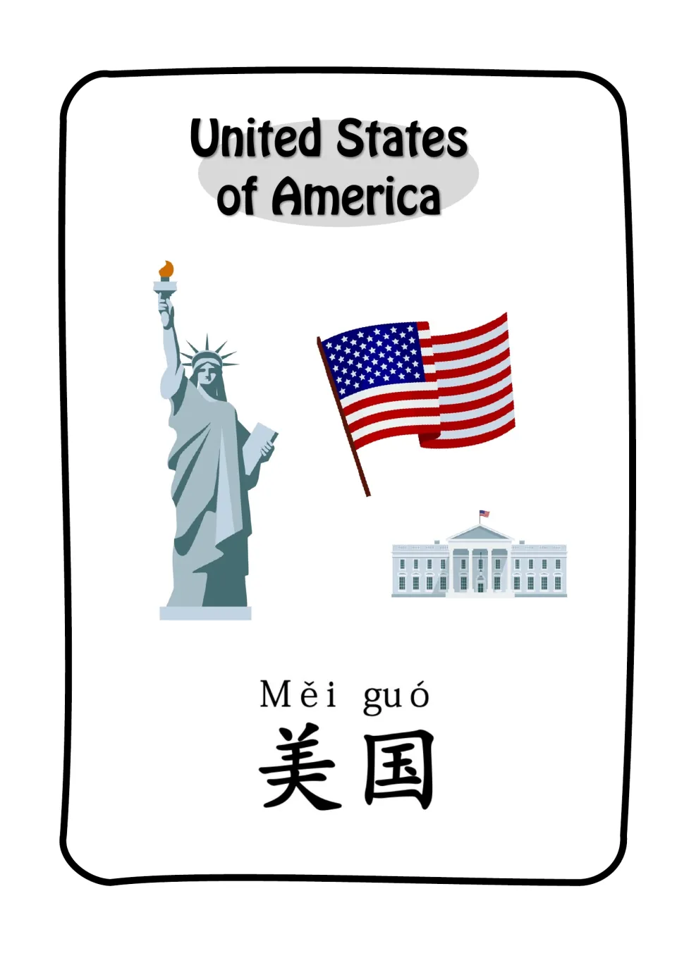 USA vocabulary card: students read Měi guó 美国 in pinyin and characters beside the Statue of Liberty, flag and White House