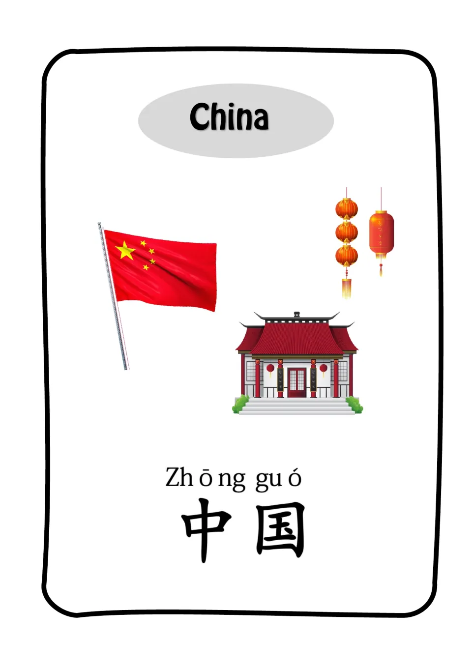 China vocabulary card: students read Zhōng guó 中国 in pinyin and characters, shown with the flag, lanterns and a temple