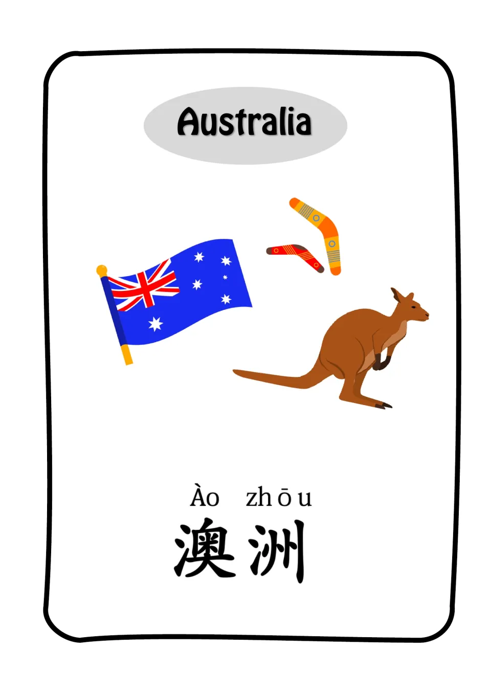 Australia vocabulary card: students read Ào zhōu 澳洲 in pinyin and characters, shown with the flag, boomerangs and a kangaroo