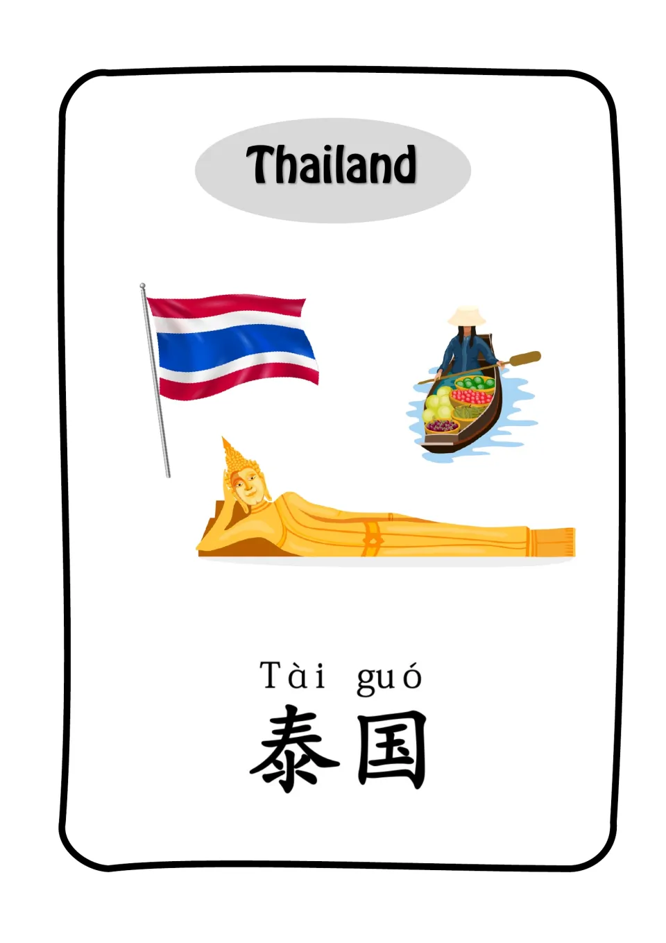 Thailand vocabulary card: students read Tài guó 泰国 in pinyin and characters, shown with the flag, a reclining Buddha