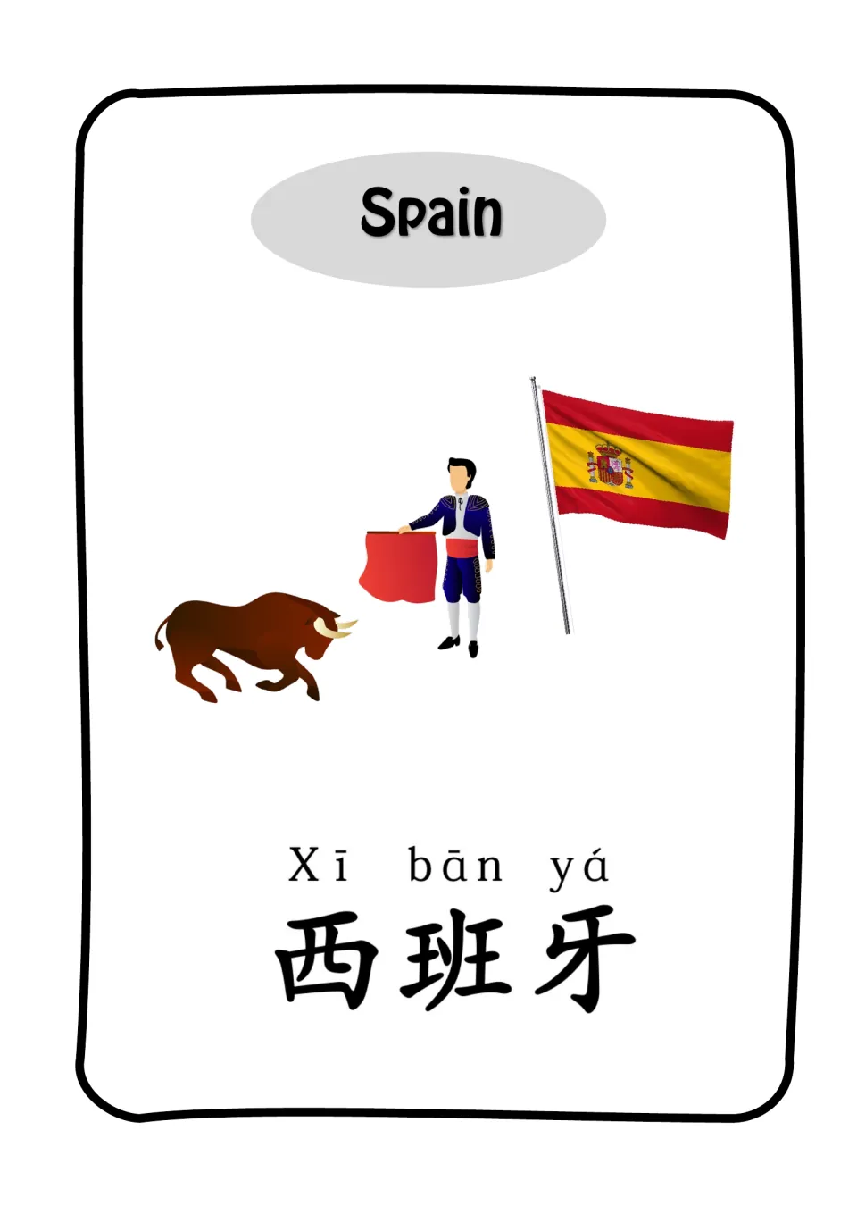Spain vocabulary card: students read Xī bān yá 西班牙 in pinyin and characters, shown with the flag, a matador and a bull
