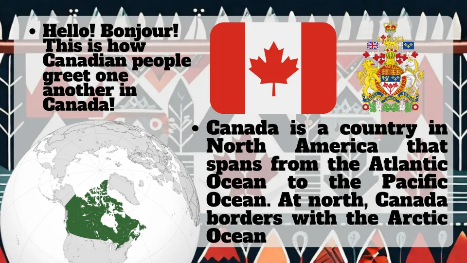 Canada overview slide: Canadian flag, coat of arms and a globe map; text says Canada spans Atlantic to Pacific Ocean