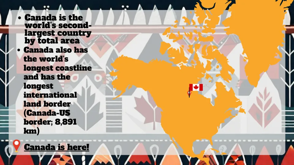 Canada size facts: second-largest country by area, longest coastline and 8,891 km US border, with a North America map