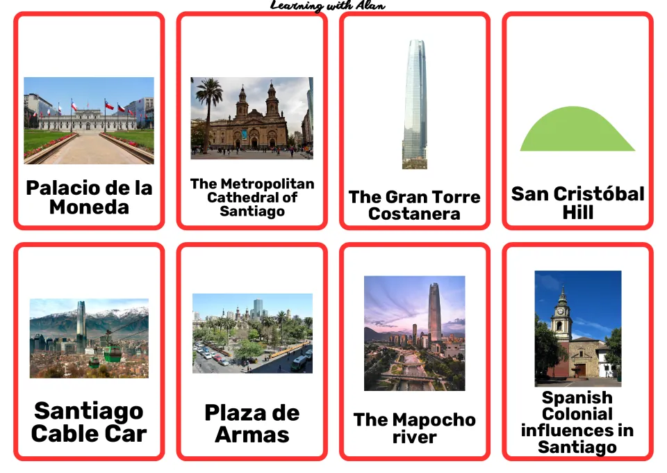Santiago research cards 33–40: Palacio de la Moneda, Gran Torre Costanera, San Cristóbal Hill and five more
