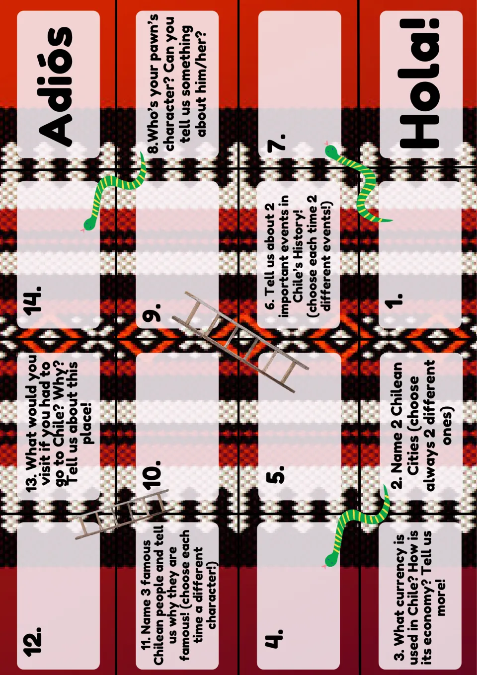 Chile snakes and ladders board from Hola! to Adiós: squares ask about Chilean cities, currency, history and famous people