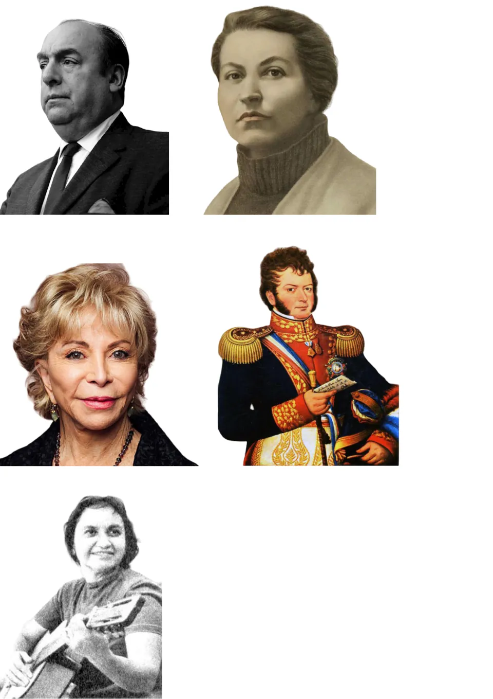 Five unlabeled portraits: a man in a suit, a woman in a turtleneck, a smiling woman, a uniformed officer and a guitarist