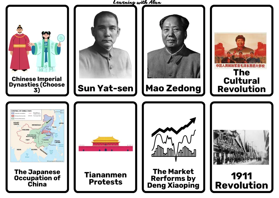 China history topic cards: Imperial Dynasties, Sun Yat-sen, Mao Zedong, Cultural Revolution, Tiananmen and 1911 Revolution