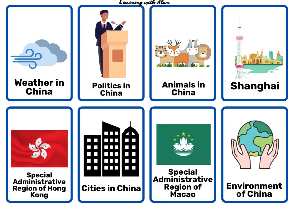 China topic cards on weather, politics, animals, Shanghai, Hong Kong and Macao regions, cities and the environment