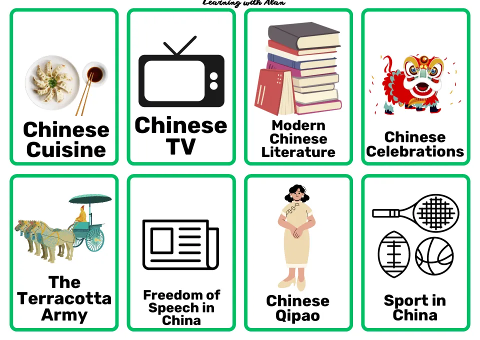 Chinese society cards: cuisine, TV, modern literature, celebrations, Terracotta Army, free speech, qipao and sport