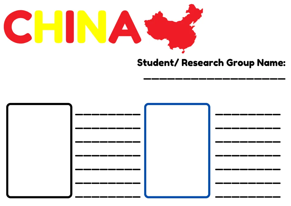 China research sheet with map: students add their group name, place two chosen topic cards and write notes beside each