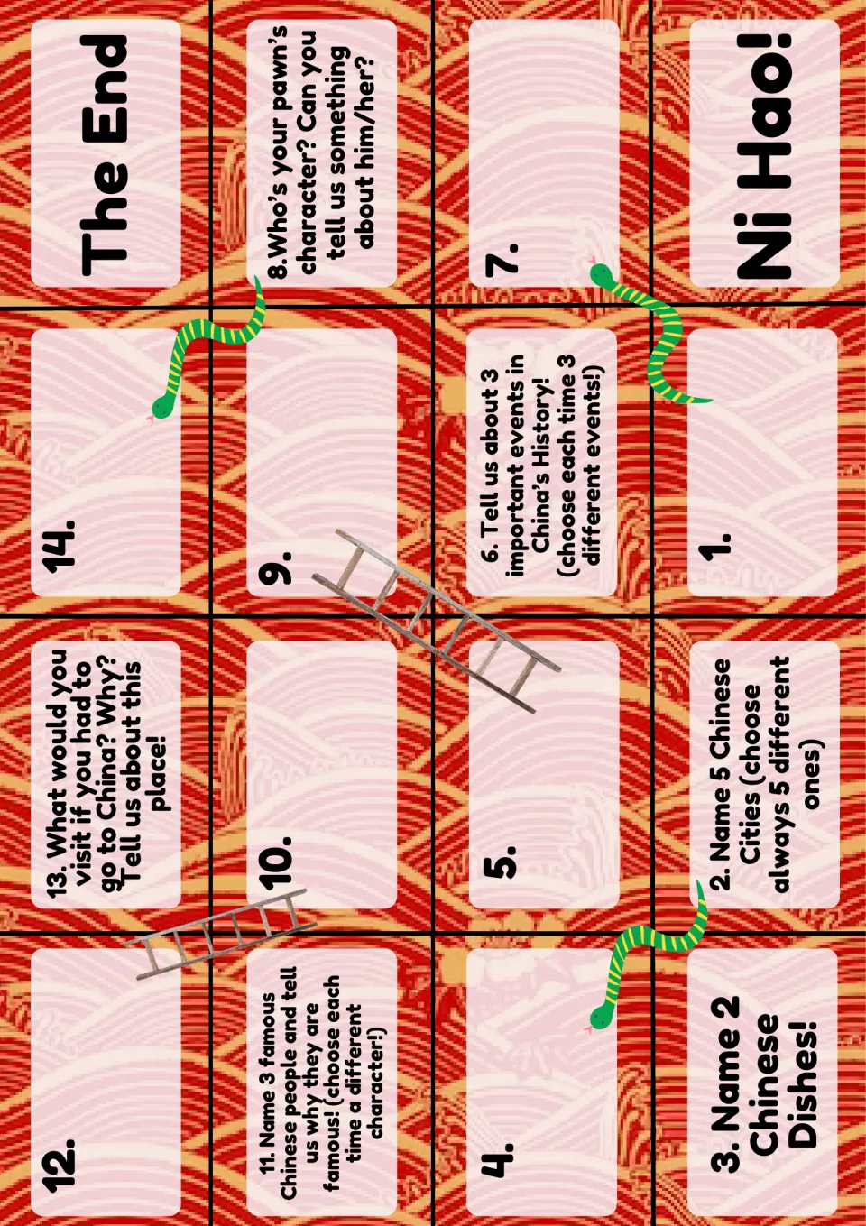 China snakes and ladders board from Ni Hao! to The End: squares ask players to name cities, dishes and history events
