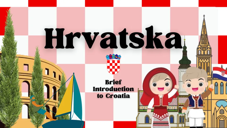 Hrvatska title slide, Brief Introduction to Croatia, with the coat of arms, a sailboat and two children in folk dress