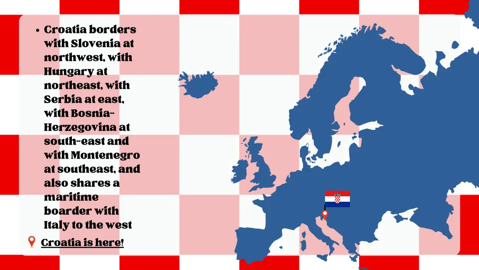 Croatia's neighbours Slovenia, Hungary, Serbia, Bosnia-Herzegovina, Montenegro and Italy, with a pin on a map of Europe