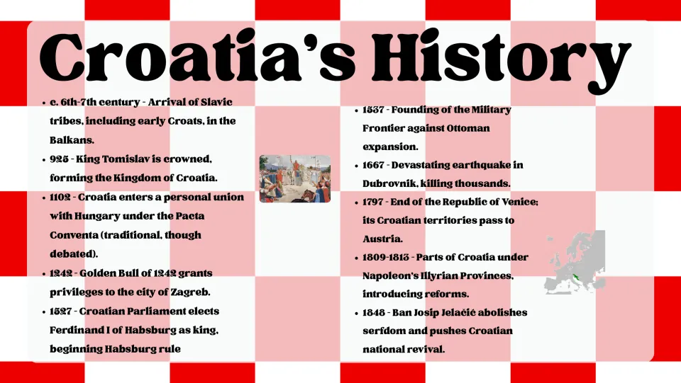 Croatia's History timeline: dates from Slavic arrival and King Tomislav in 925 to Ban Jelačić ending serfdom in 1848
