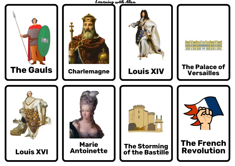 France history research cards 1–8: the Gauls, Charlemagne, Louis XIV, Versailles and four more topics