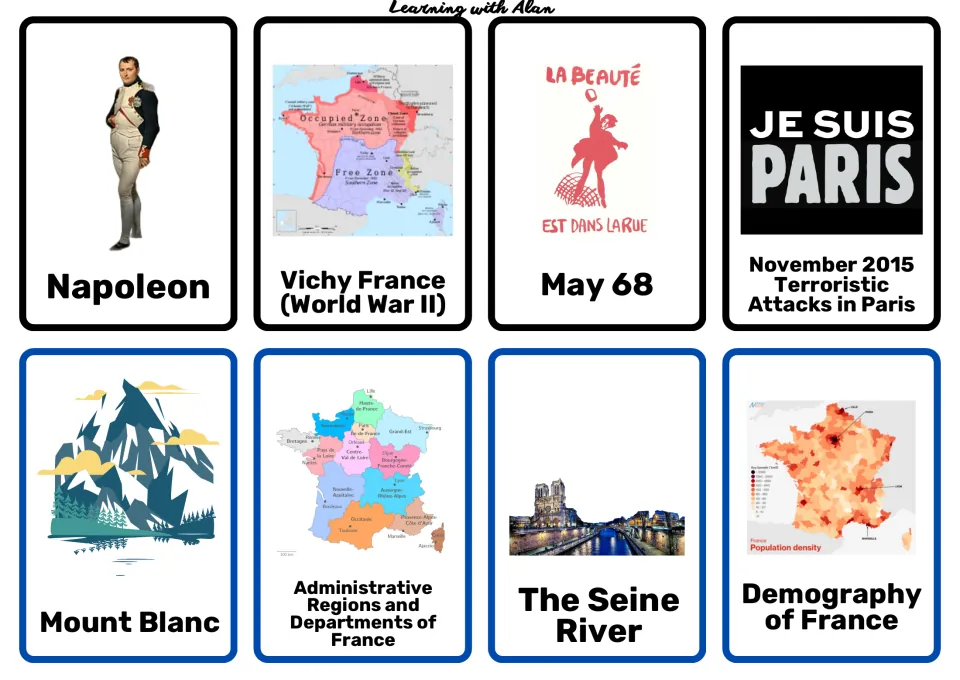 France research cards 9–16: Napoleon, Vichy France, May 68, Paris attacks and four geography topics