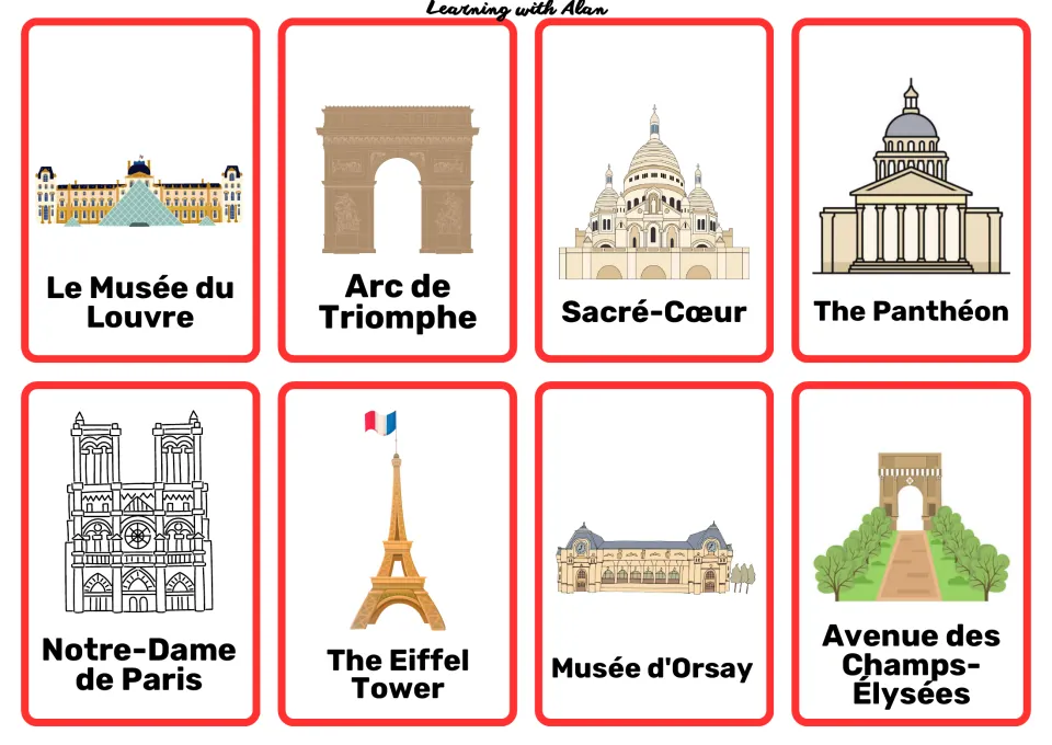 Paris research cards 33–40: Louvre Museum, Arc de Triomphe, Sacré-Cœur, Panthéon and four more landmarks