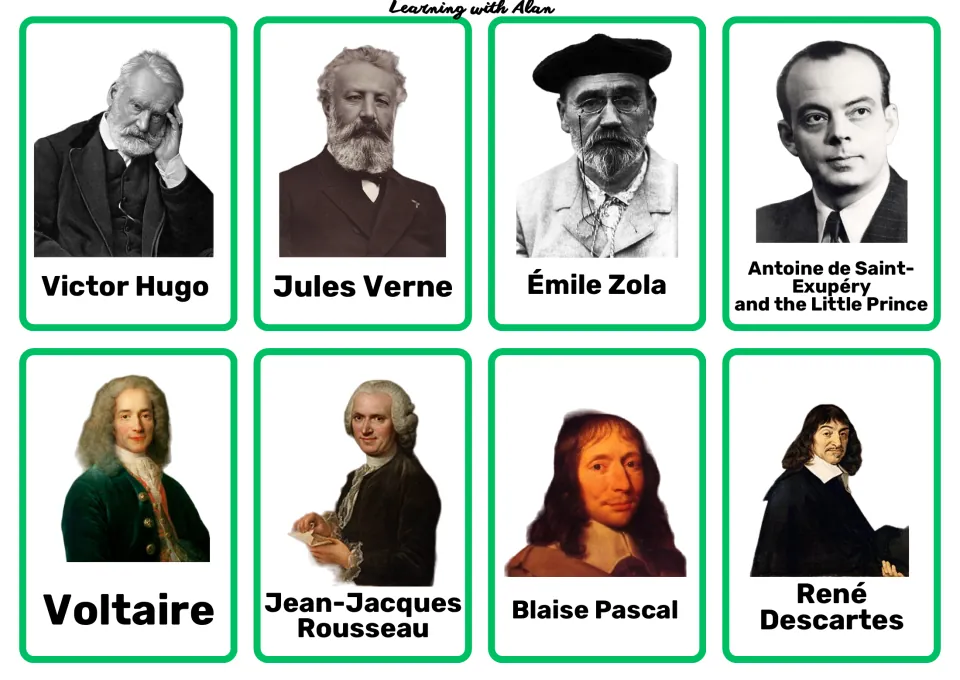 French culture research cards 49–56: Hugo, Verne, Zola, Saint-Exupéry, Voltaire, Rousseau, Pascal and Descartes