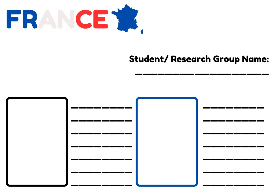 France research recording worksheet 1: student or group name and spaces for history and geography findings