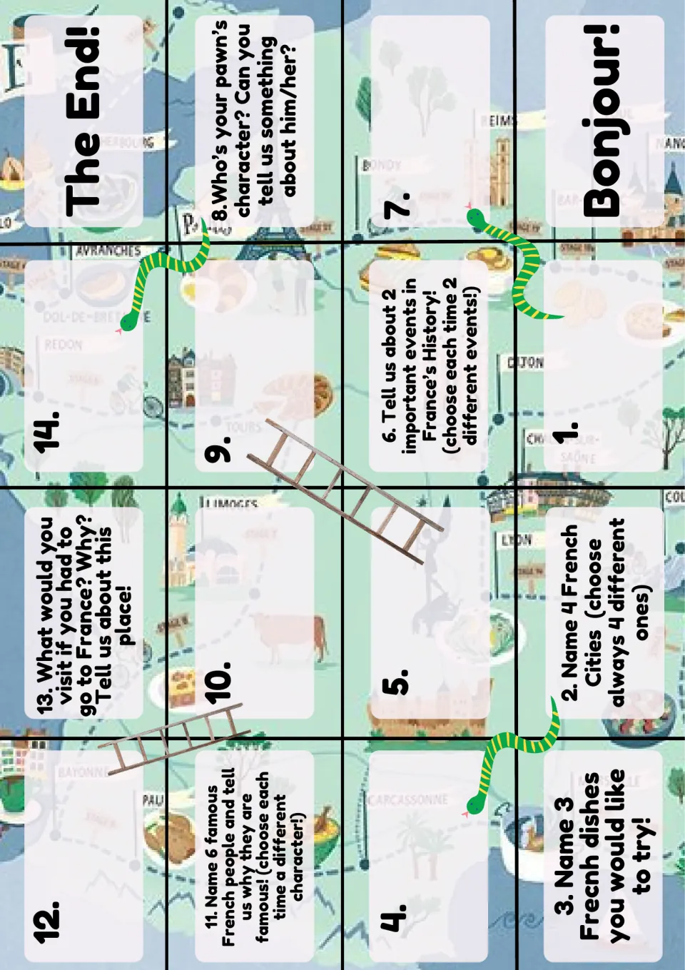 France snakes and ladders board on a map: 14 squares from Bonjour! to The End! ask players to name French cities and dishes