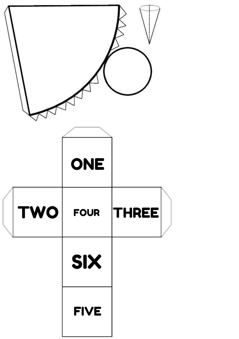 Die net with faces labeled ONE to SIX in words, plus a cone template with circle base, for students to cut out and fold